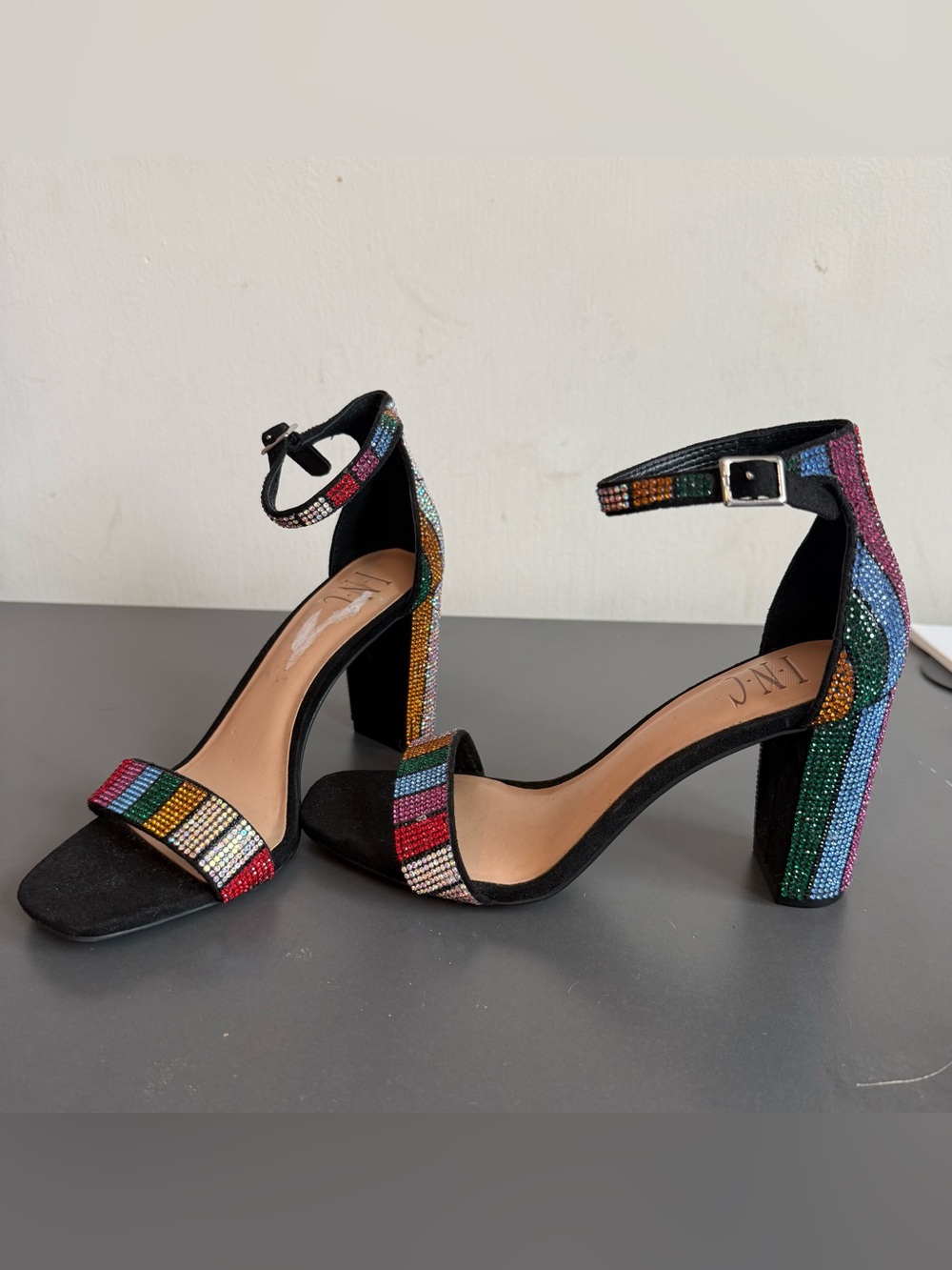 INC International Concepts Black Block Heels with Multicolor Crystal Straps